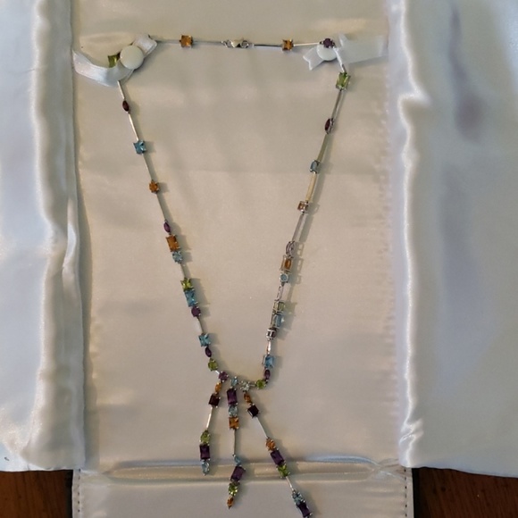 14k white gold Colorful Multi gem dangle necklace - Picture 3 of 3